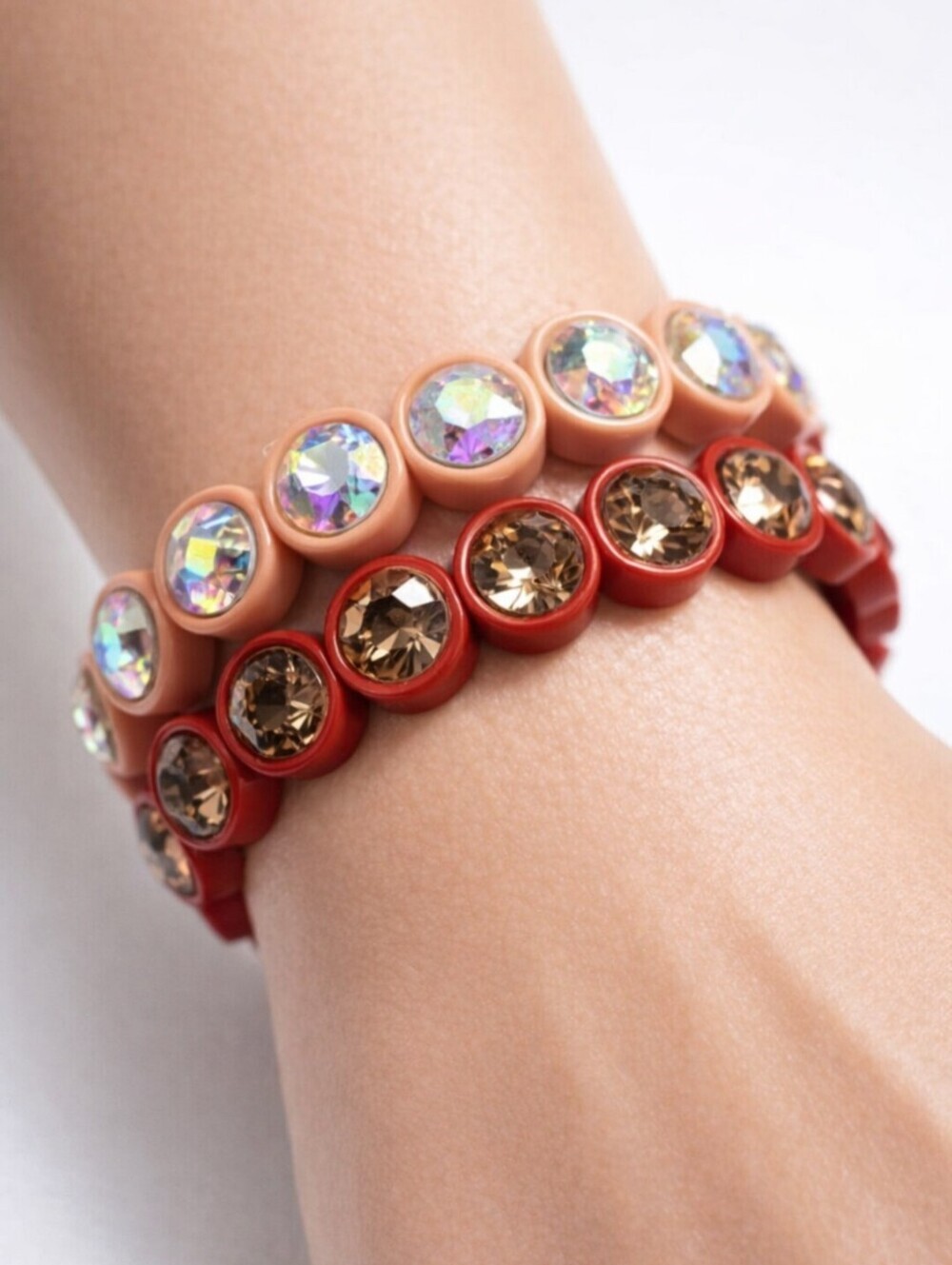 Set of 2 Bracelets - Red & Salmon Pink with Colorful Round Crystal Stone - Women
